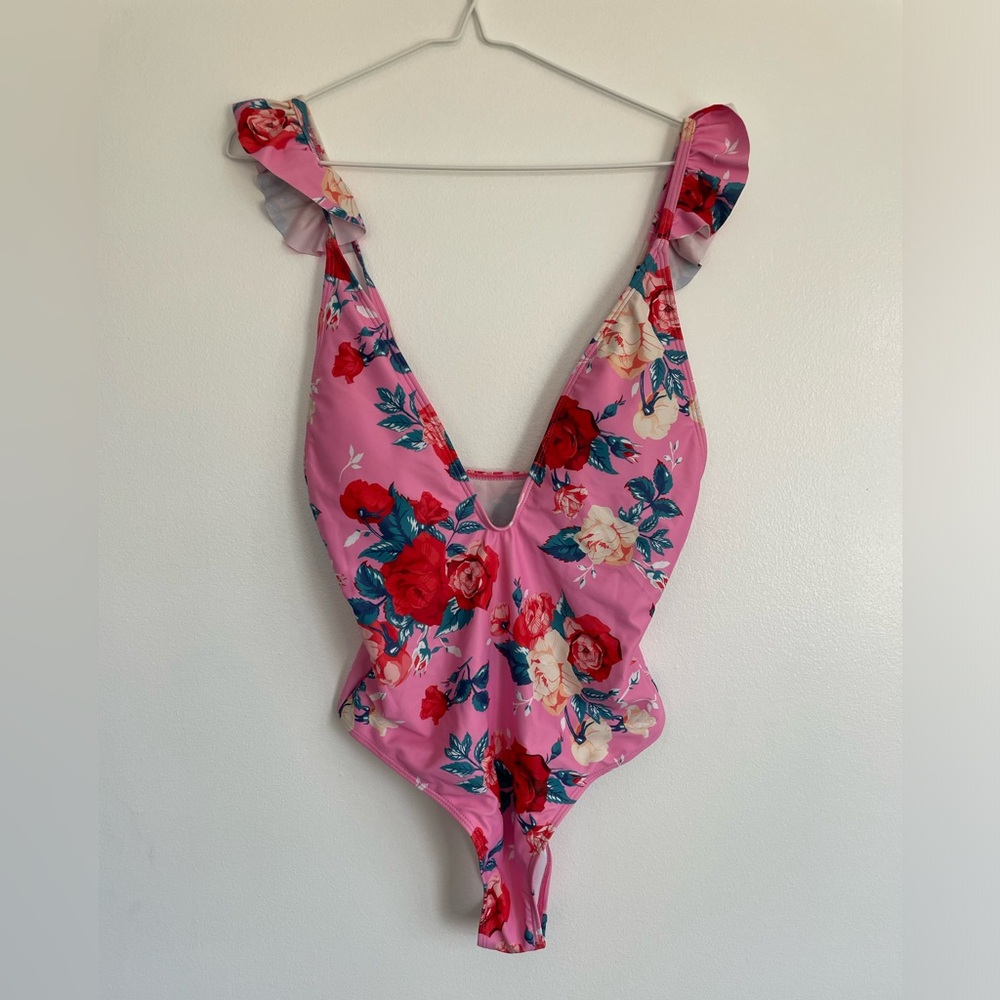 Shein Pink Floral Ruffle Strap One Piece Bathing Suit - Size Medium